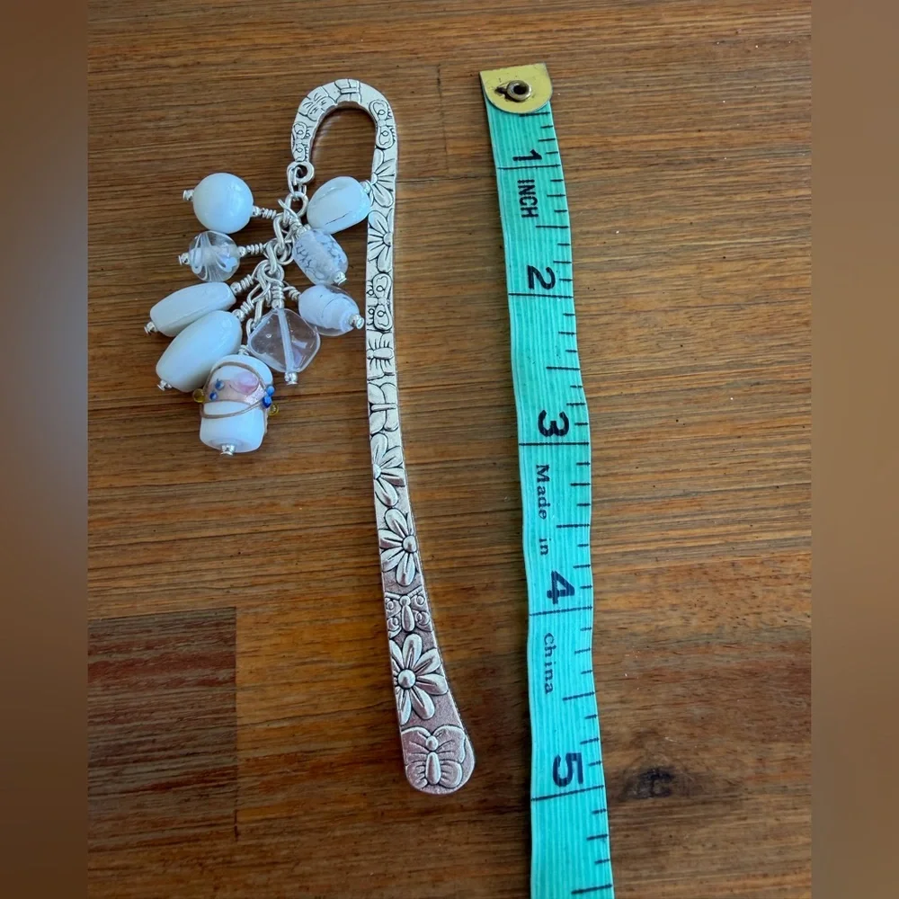 Handmade White Glass Bead Grape Bookmark with Silver Tone Hook - ideal Gift